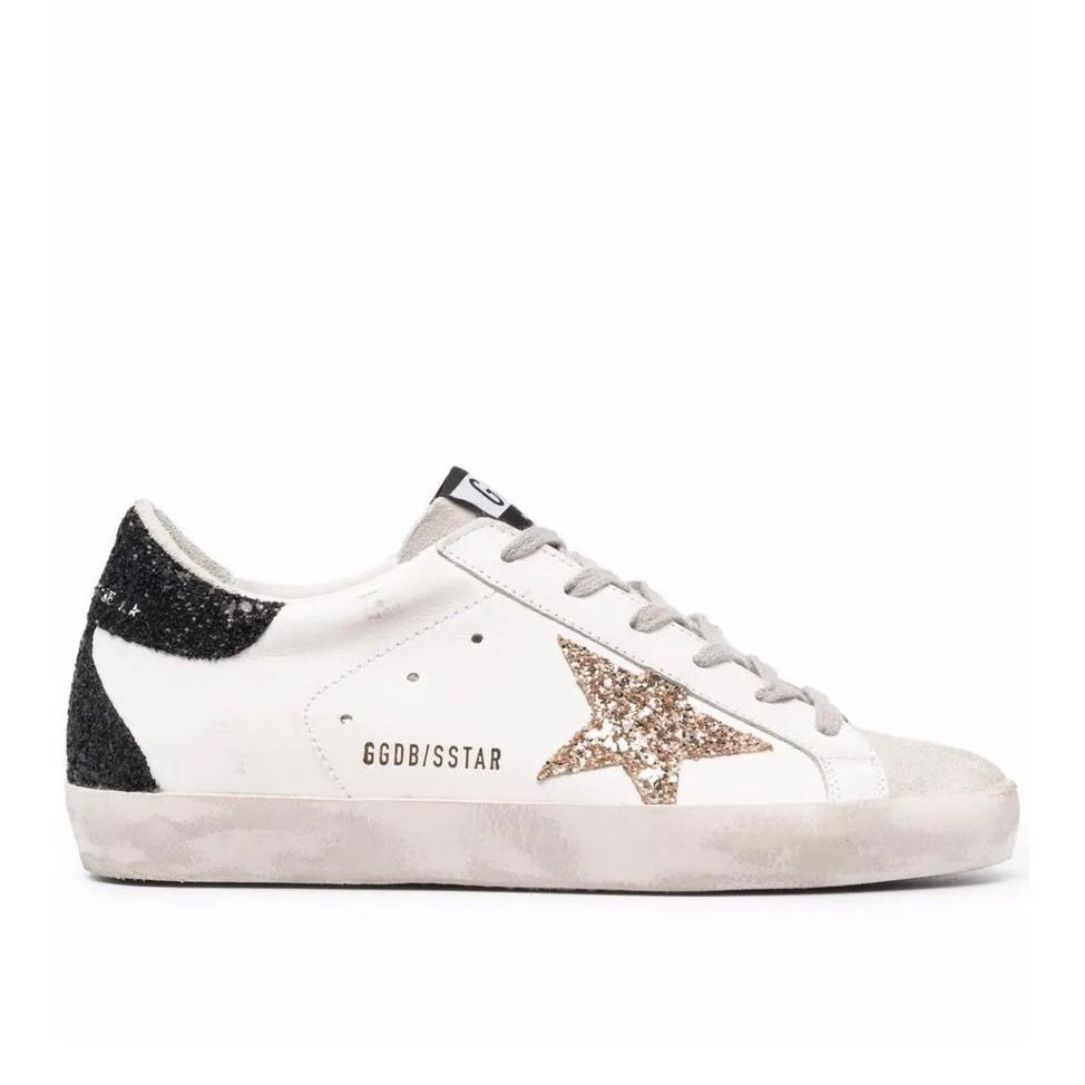 Golden Goose Super-Star in nappa leather with gold glitter star and black glitter heel tab