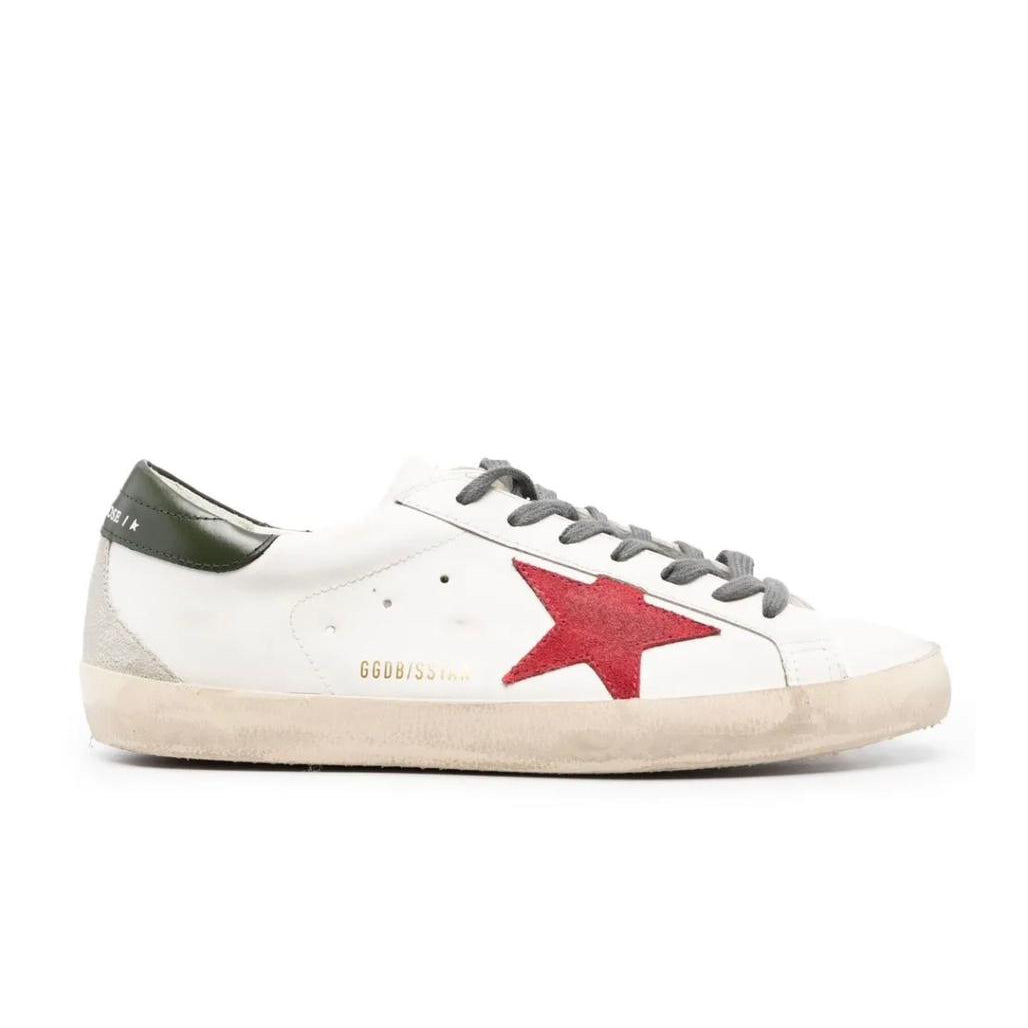 Golden Goose Super-Star with red suede star and green leather heel tab