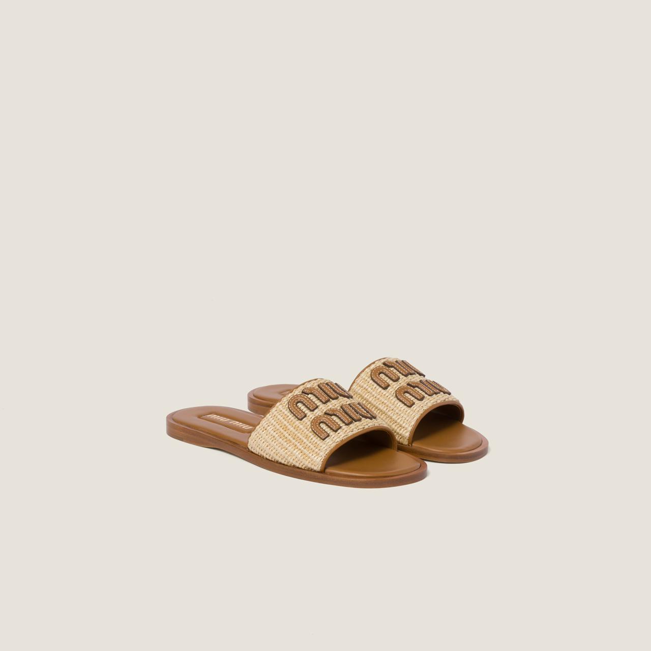 Miu Miu Raffia-effect woven fabric slides