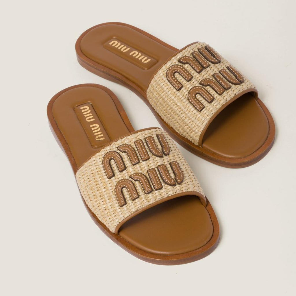 Miu Miu Raffia-effect woven fabric slides
