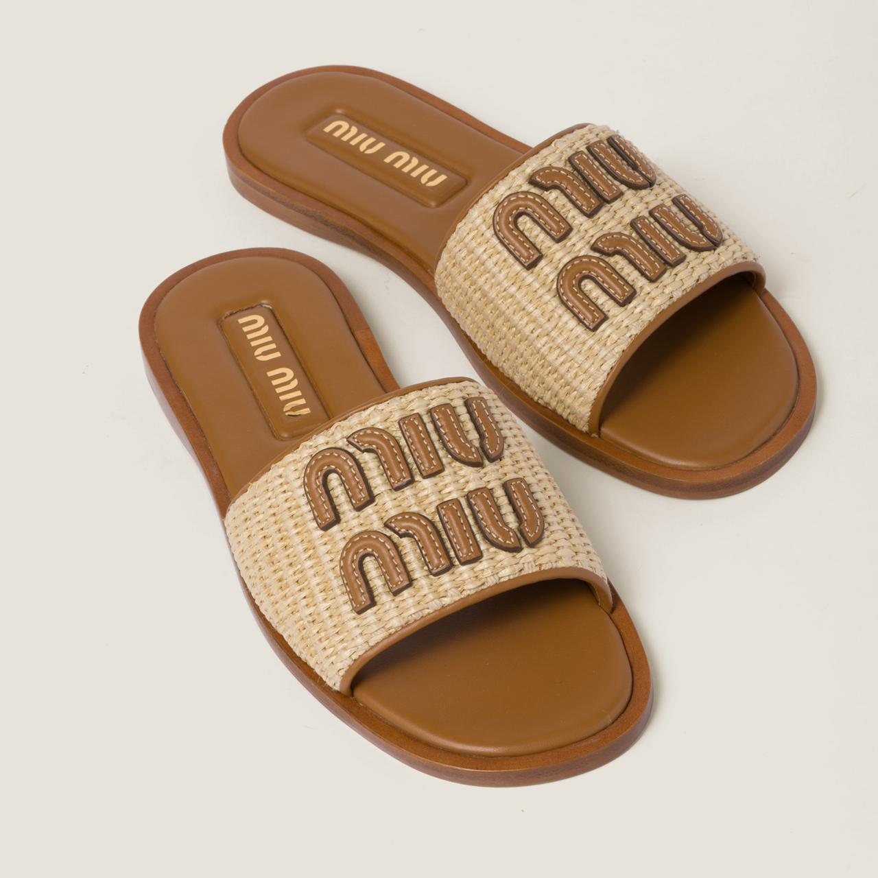 Miu Miu Raffia-effect woven fabric slides
