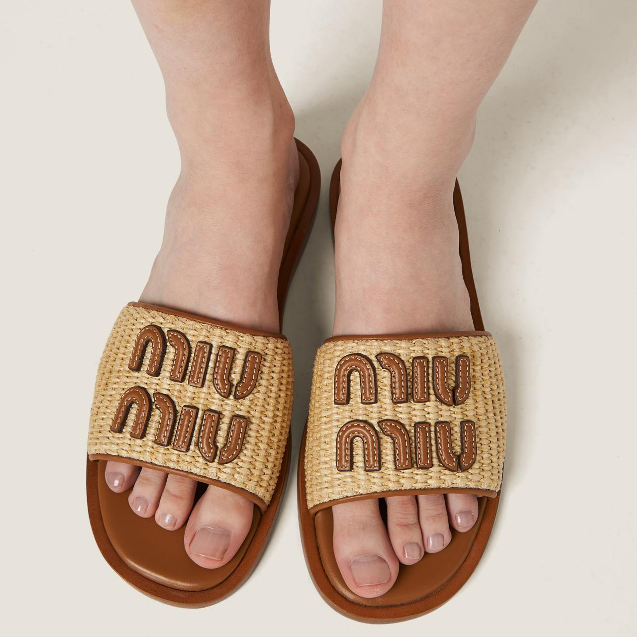 Miu Miu Raffia-effect woven fabric slides