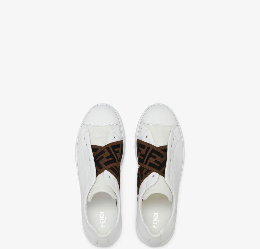 Fendi White/Brown Leather and Zucca Elastic Band Slip On