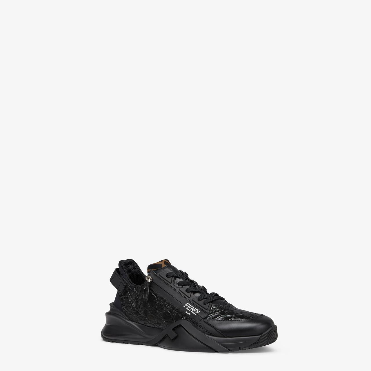 Fendi All Black Leather and Zucca Elastic Band Slip On