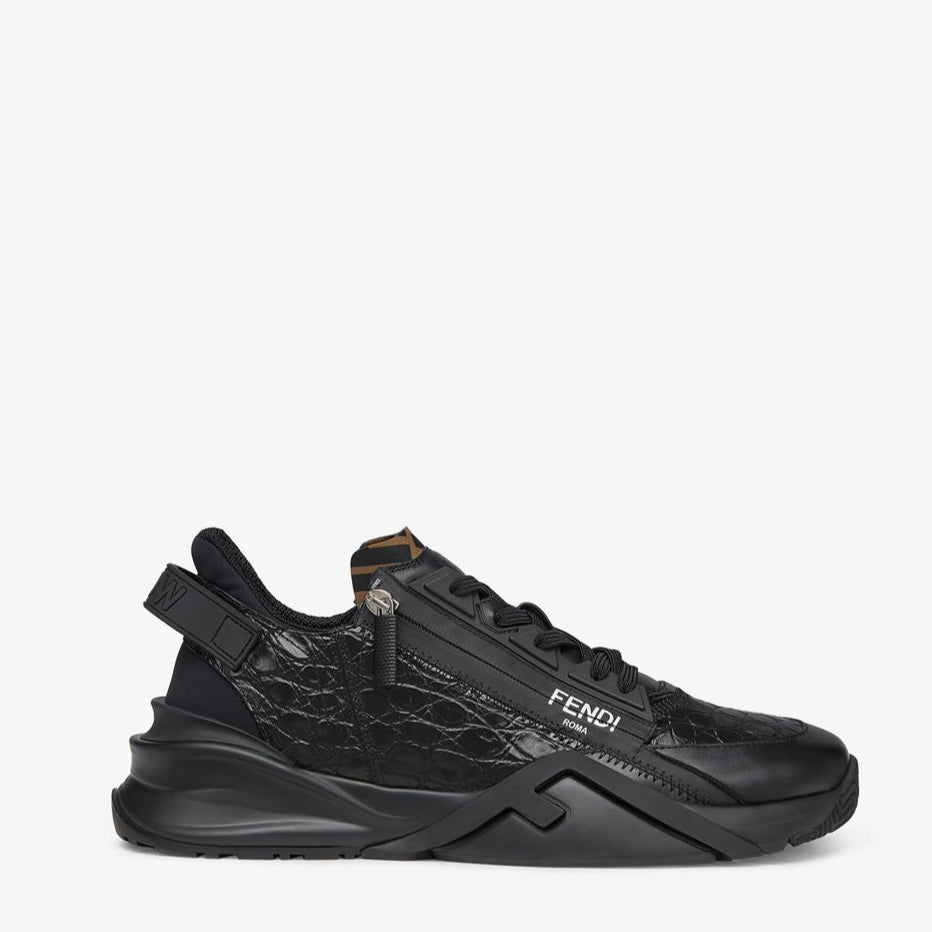 Fendi All Black Leather and Zucca Elastic Band Slip On