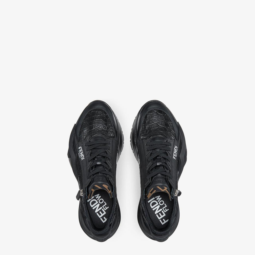 Fendi All Black Leather and Zucca Elastic Band Slip On