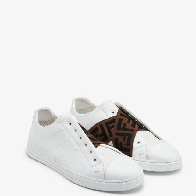 Fendi White/Brown Leather and Zucca Elastic Band Slip On